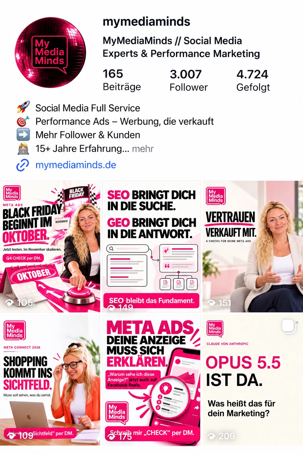 Instagram-Profil von mymediaminds mit Profilbeschreibung und sechs Beiträgen zu Meta Ads, SEO, GEO und KI im Marketing
